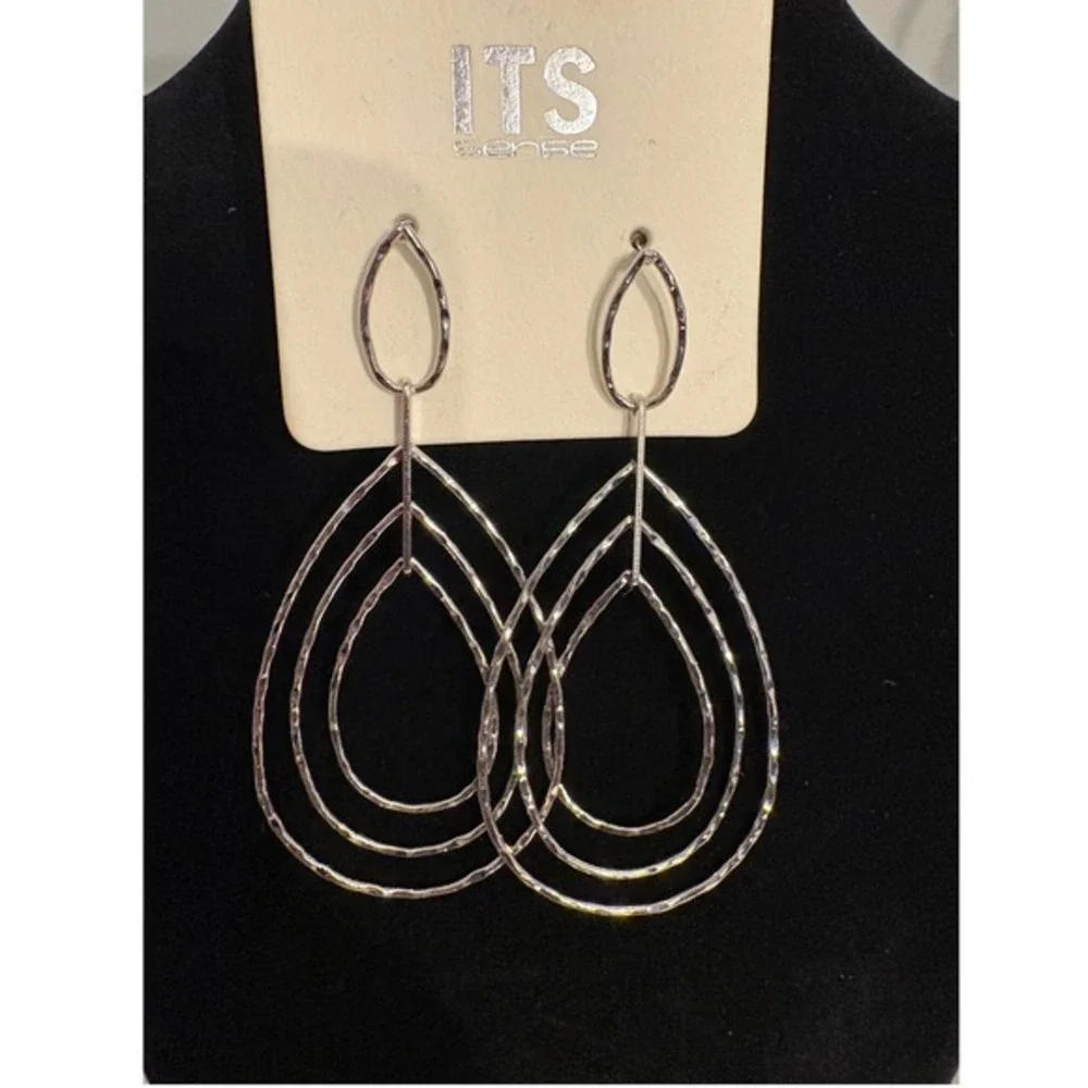 ITS‎ Sense Silver Tone Hammered Multi Tier Teardrop Statement Drop Earrings